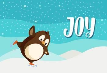 Joy greeting card with penguin on skates, vector animal. Flightless bird skating, wintertime landscape. Arctic winter Christmas activity, cartoon character