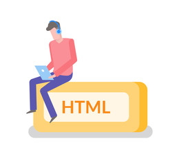 HTML language freelancer man working on laptop coder coding vector. Isolated male wearing headphones and typing info on laptop. Programmer sitting on box