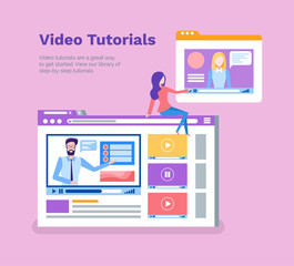 Video tutorials poster with text sample and information vector. Education online, teachers assistant in distance. Student watching laptop and files