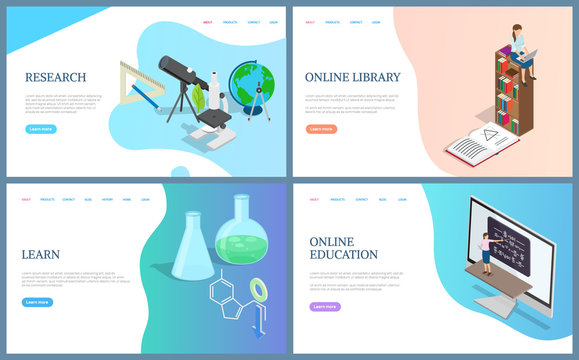 Online library and education research and learning. Free access to knowledge and books, chemistry publication and experiments, biology supplies. Website or webpage template, landing page in flat style
