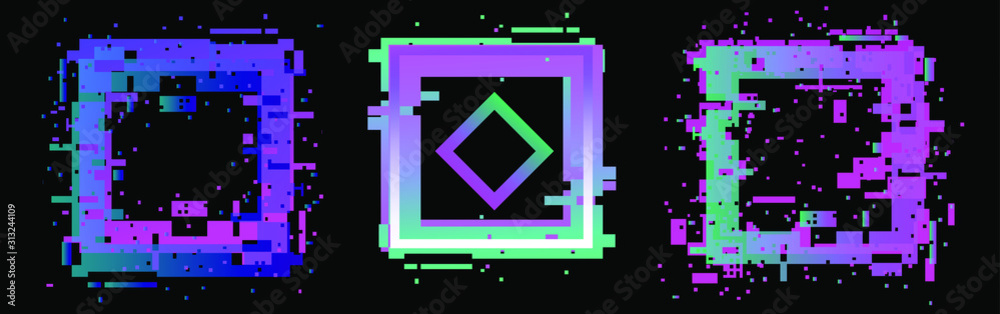 Poster set of glitched square frames for banner, poster, cover design in vaporwave and synthwave retrofutur