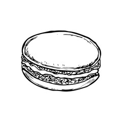 Macaroon cake. Illustrations for coffee houses or cafes. Hand drawn vector illustration. Monochrome black and white ink sketch. Isolated on white background. Coloring page.