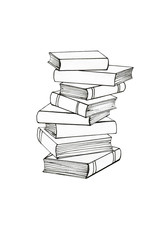 Graphic illustration of a stack of books. Black outline, graphics. Books on study, education, business. Learning, mind, development. Reading. Symbol. Template for design.