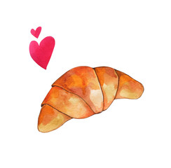 Watercolor illustration of croissant, french pastries, breakfast, food, romance. Paris style, cafe, bakery.
