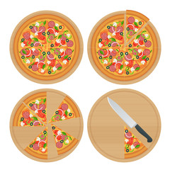 Tasty pizza with vegetables, ham, rucola, and vegetables chicken and olives isolated on white. Delicious pizza served on wooden plate isolated on white.
