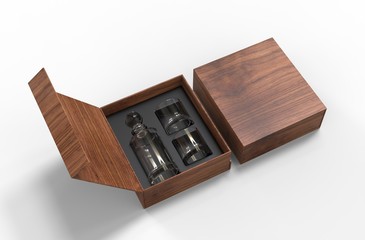 Whiskey decanter bottle and glass Gift Box for branding and mock up. 3d render illustration.
