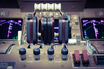 Fuel Control Switches on the Flight Deck of a Jumbo Jet in flight