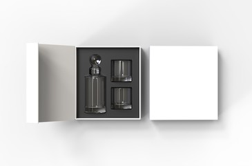 Whiskey decanter bottle and glass Gift Box for branding and mock up. 3d render illustration.