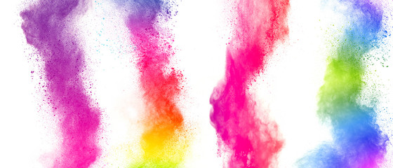 abstract powder splatted background. Colorful powder explosion on white background. Colored cloud. Colorful dust explode. Paint Holi.