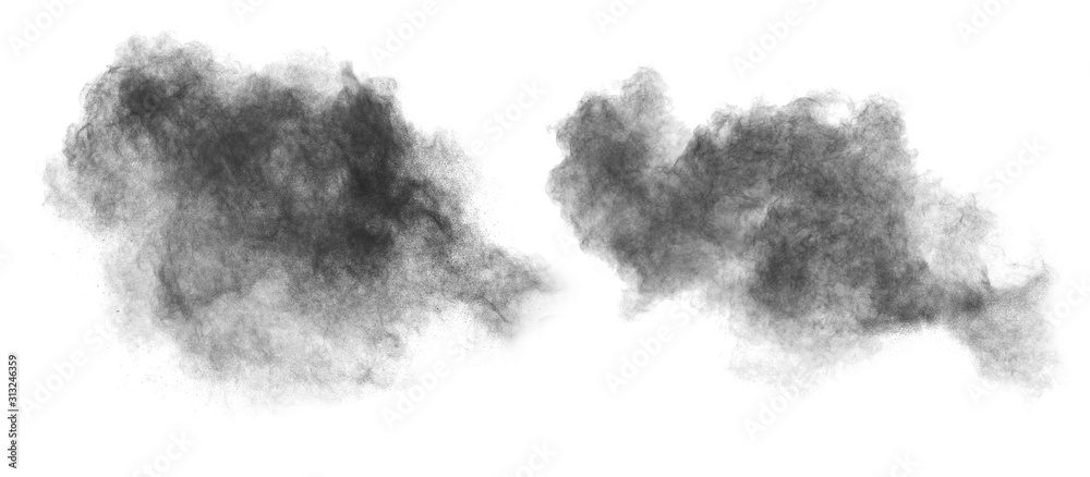 Wall mural particles of charcoal on white background,abstract powder splatted on white background,freeze motion