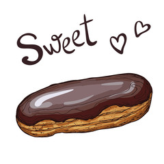 Chocolate glazed eclair. Illustrations for coffee houses, pastry shop or cafes. Hand drawn vector illustration. Isolated on white background.