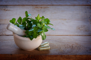 Alternative medicine herb , mortar, laboratory glassware, on a wooden background.