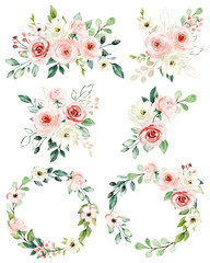 Set watercolor flowers hand painting, floral vintage bouquets with pink and white roses. Decoration for poster, greeting card, birthday, wedding design. Isolated on white background.