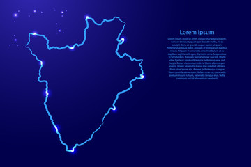 Burundi map from the contour classic blue color brush lines different thickness and glowing stars on dark background. Vector illustration.