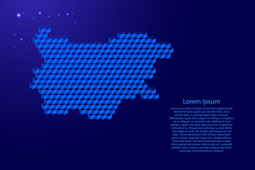 Bulgaria map from 3D classic blue color cubes isometric abstract concept, square pattern, angular geometric shape, glowing stars. Vector illustration.