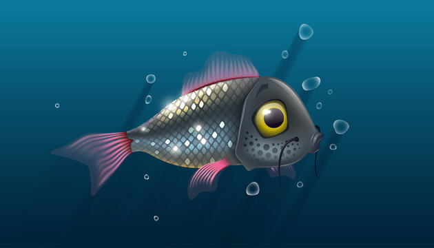 Fish under water with air bubbles over blue background, fishing live bait in river, sea. Vector illustration.