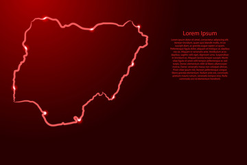 Nigeria map from the contour red brush lines different thickness and glowing stars on dark background. Vector illustration.