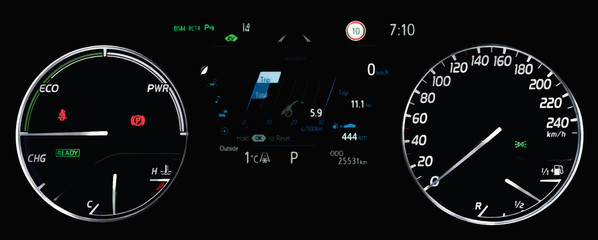 Illustration of average fuel economy consumption display between circular speedometer and power monitor.Car instrument panel with display fuel range, fuel and temperature gauge, odometer in hybrid car