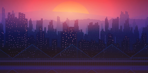 Downtown city wallpaper in the morning and evening landscape wallpaper Illustration vector style Sunlight colorful view background