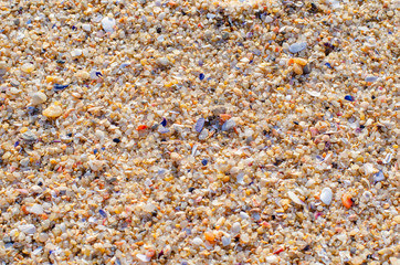 Background texture of sand, small stones and shells. Beach on the ocean coast in Portugal.