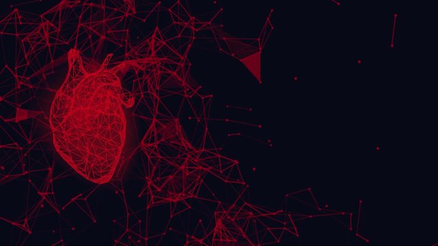 Futuristic medical animation with red human heart and cardiogram. Abstract geometric design with plexus effect on dark background. Healthcare and cardiology