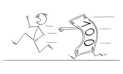 Vector cartoon stick figure drawing conceptual illustration of man or businessman Running Away Chased by money bill or banknote. Concept of consumerism, greed or financial problem or debt.