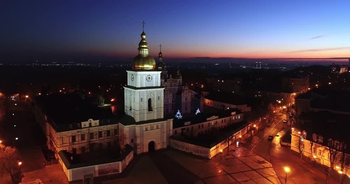 Aerial view of St. Michael's Cathedral and St. Sophia Cathedral at night