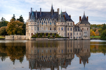 Bretesche medieval castle as seen from the pond. Missillac commune in Loire-Atlantique region of...