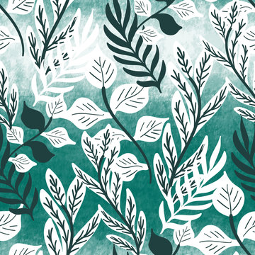 Teal green textured tropical leaves seamless pattern. Ombre gradient texture background. Trendy repeat vector swatch.