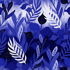 Blue textured tropical leaves and ferns seamless pattern. Ombre gradient texture background. Trendy repeat vector swatch. © NinjaCodeArtist