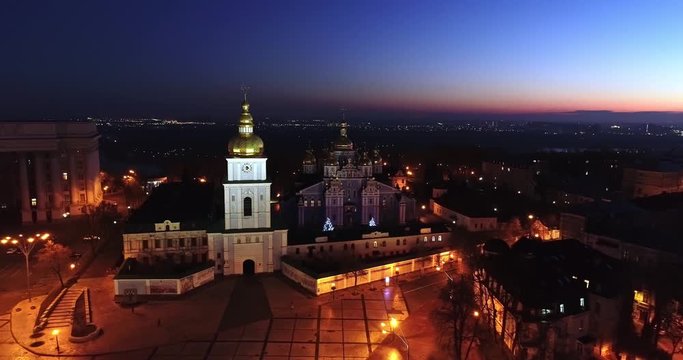 Aerial view of St. Michael's Cathedral and St. Sophia Cathedral at night