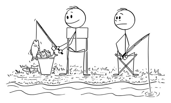 Vector cartoon stick figure drawing conceptual illustration of unsuccessful envious or jealous man fishing and watching another fisherman catching many fish.