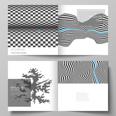 The vector illustration layout of two covers templates for square design bifold brochure, magazine, flyer, booklet. Abstract big data visualization concept backgrounds with lines and cubes.