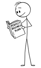 Vector cartoon stick figure drawing conceptual illustration of businessman or entrepreneur reading book about how to create perfect business plan.