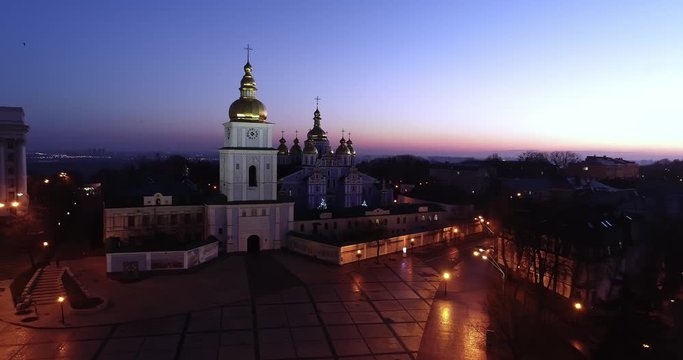 Aerial view of St. Michael's Cathedral and St. Sophia Cathedral at night