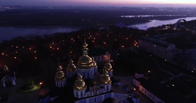 Aerial view of St. Michael's Cathedral and St. Sophia Cathedral at night
