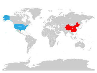 Fototapeta na wymiar United States and China highlighted on political map of World. Vector illustration