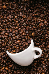 white coffee cup lies in roasted coffee beans of the highest standard