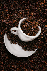 white coffee cup lies in roasted coffee beans of the highest standard