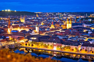 Old town of Wurzburg and Main river evening view from above