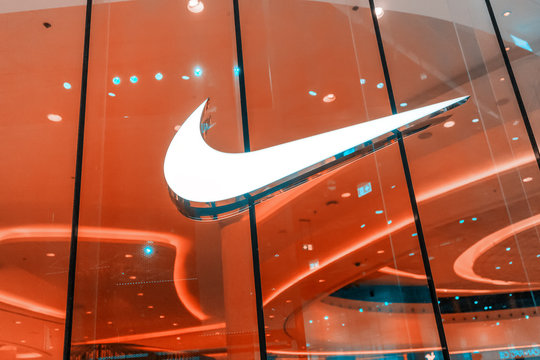 28 November 2019, UAE, Dubai Mall: Nike logo close-up at sportswear store