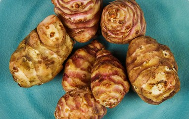 Close up of group Jerusalem artichokes (Topinambur) tubers on blue china plate as low carb alternative for potatoes
