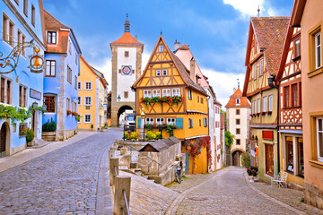 Cobbled street and architecture of historic town of Rothenburg ob der Tauber view