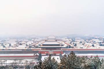 Overlooking the snow in the Forbidden City, Beijing, China. Forbidden City panorama.