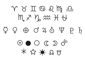 Vector set of different astrological symbols of planets and constellations. Isolated collection of icons, astronomical, zodiac and planets signs.