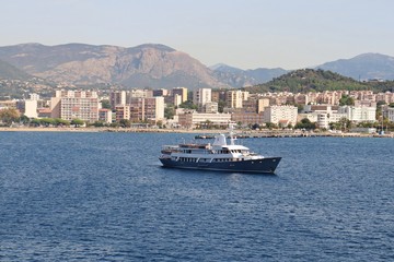 Obraz premium Small passenger ship on the raid of the Corsican port of Ajaccio in September 2019