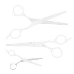 Barber scissors. Realistic chrome barber scissors vector illustrations collection isolated on white background. Hair cutting open and close silver scissors graphics set. 