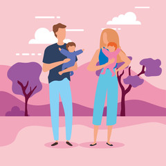 parents with babies in park nature characters vector illustration design