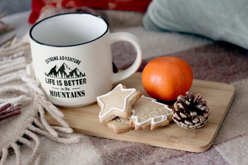 Christmas still life with a mug of tea, ginger cookies and tangerine, on a warm cozy plaid