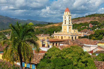 Fototapeta na wymiar Trinidad, panoramic skyline with mountains and colonial houses. The village is a Unesco World Heritage and major tourist landmark in the Caribbean Island. Cuba.